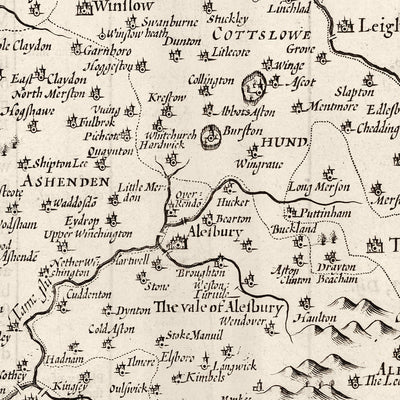 Old Monochrome Map of Buckinghamshire in 1611 by John Speed - High Wycombe, Amersham, Buckingham, Milton Keynes