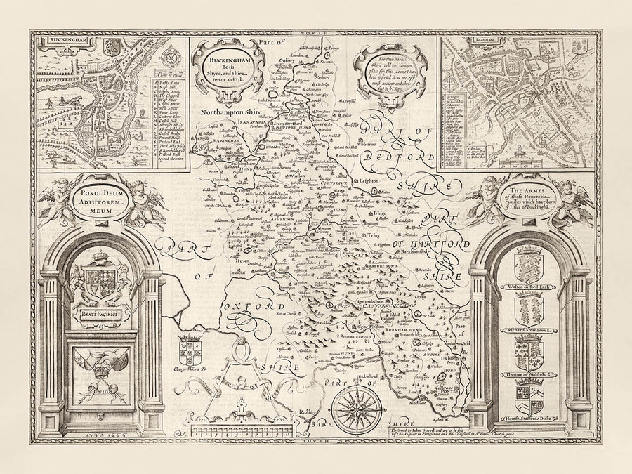 Vieille carte monochrome de Buckinghamshire en 1611 par John Speed ​​- High Wycombe, Amersham, Buckingham, Milton Keynes