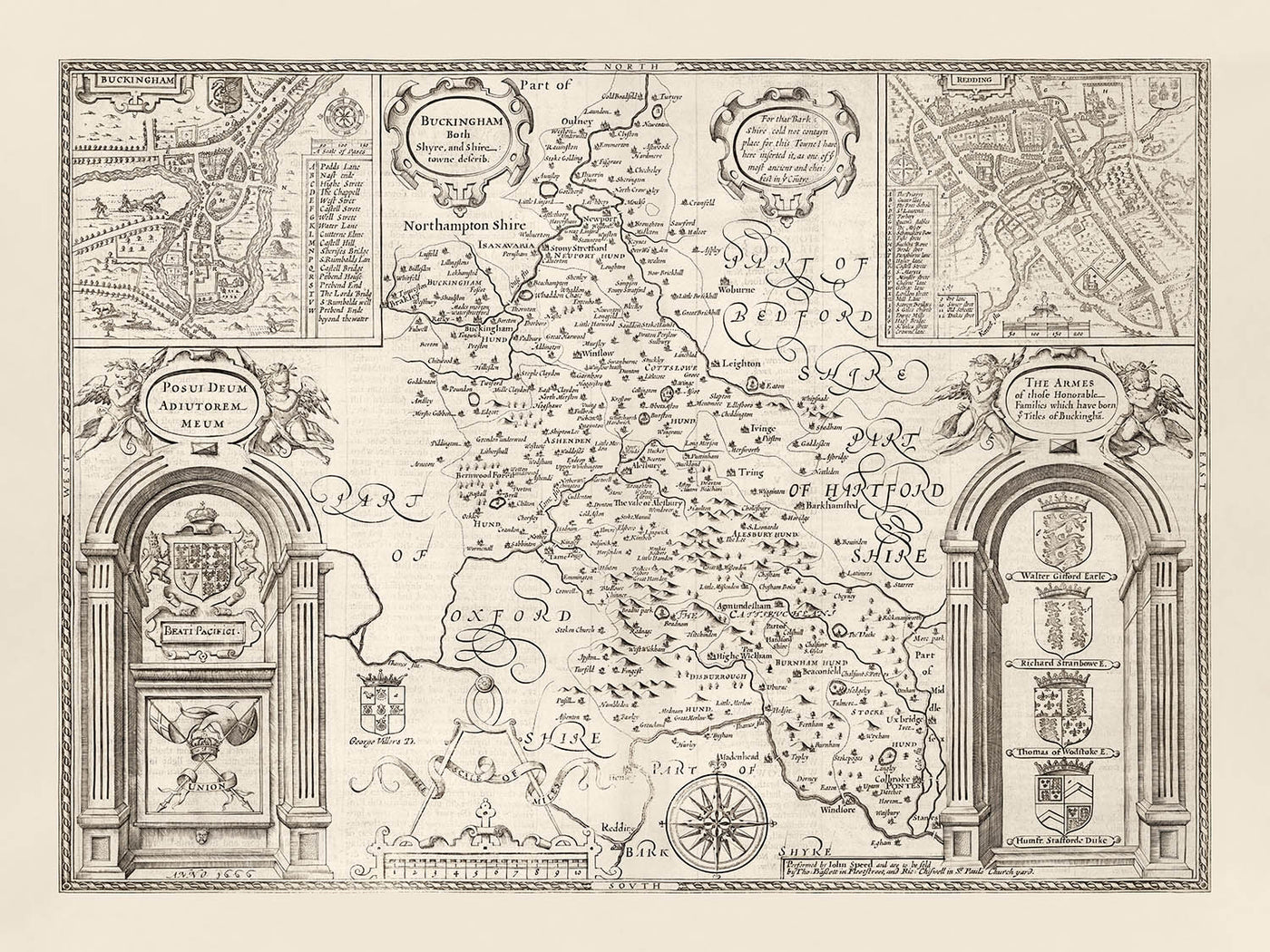 Old Monochrome Map of Buckinghamshire in 1611 by John Speed - High Wycombe, Amersham, Buckingham, Milton Keynes