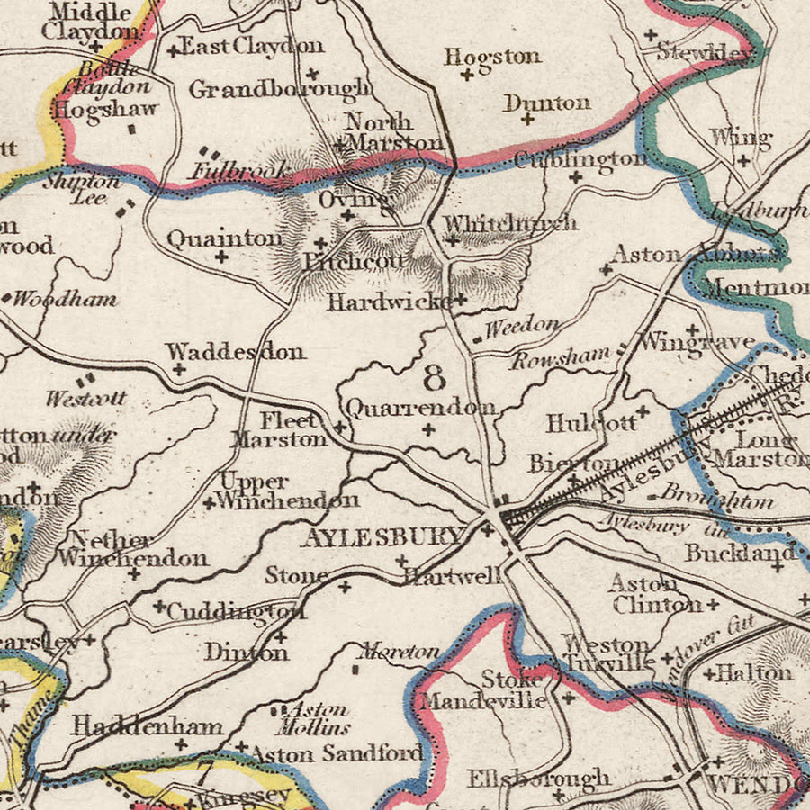 Mapa antiguo de Buckinghamshire por Samuel Lewis, 1844: Aylesbury, High Wycombe, Milton Keynes, Marlow, Amersham, Chesham