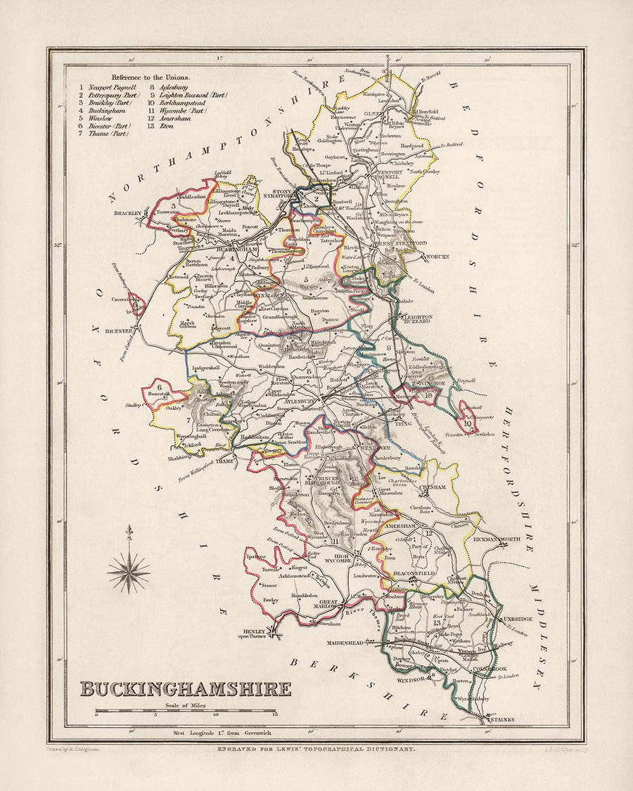 Mapa antiguo de Buckinghamshire por Samuel Lewis, 1844: Aylesbury, High Wycombe, Milton Keynes, Marlow, Amersham, Chesham