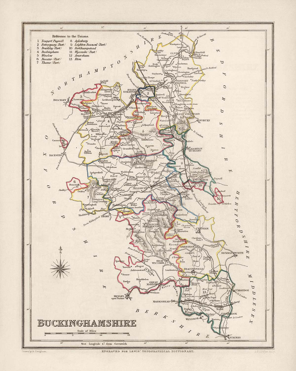 Old Map of Buckinghamshire by Samuel Lewis, 1844: Aylesbury, High Wycombe, Milton Keynes, Marlow, Amersham, Chesham
