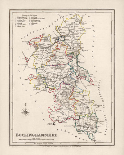 Old Map of Buckinghamshire by Samuel Lewis, 1844: Aylesbury, High Wycombe, Milton Keynes, Marlow, Amersham, Chesham