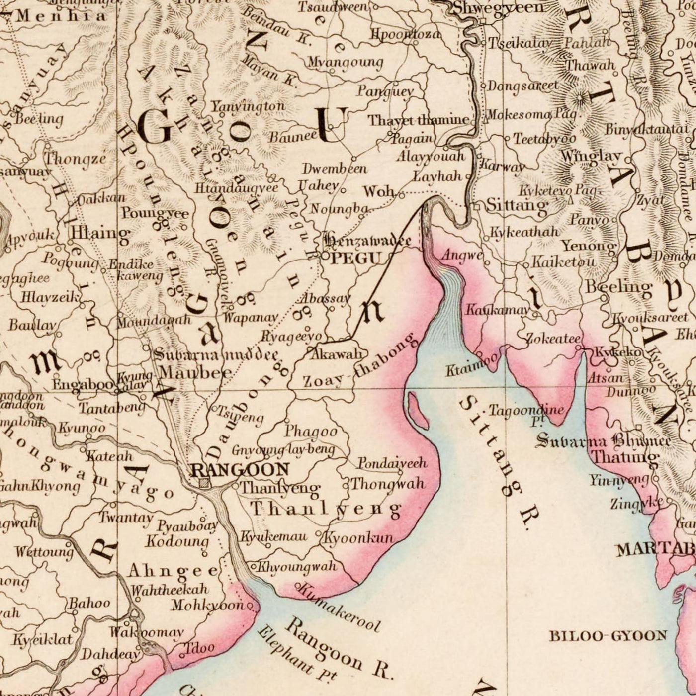 Old Map of Burma (Myanmar) by Arrowsmith, 1857: Irrawaddy, Salween, Yangon, Mandalay, Arakan Mountains