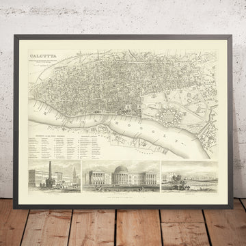 Mappa antica di Calcutta (Kolkata), 1840: Forte William, Palazzo del Governo, Esplanade Row, Maidan, Ponte Howrah 
