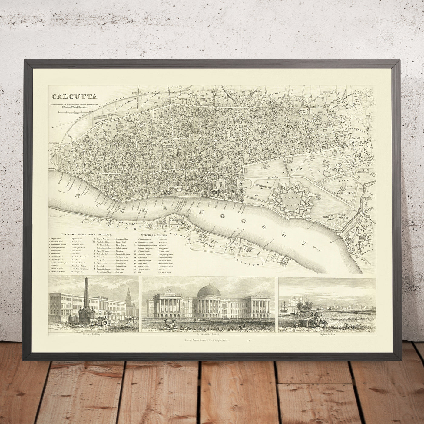 Old Map of Calcutta (Kolkata), 1840: Fort William, Government House, Esplanade Row, Maidan, Howrah Bridge