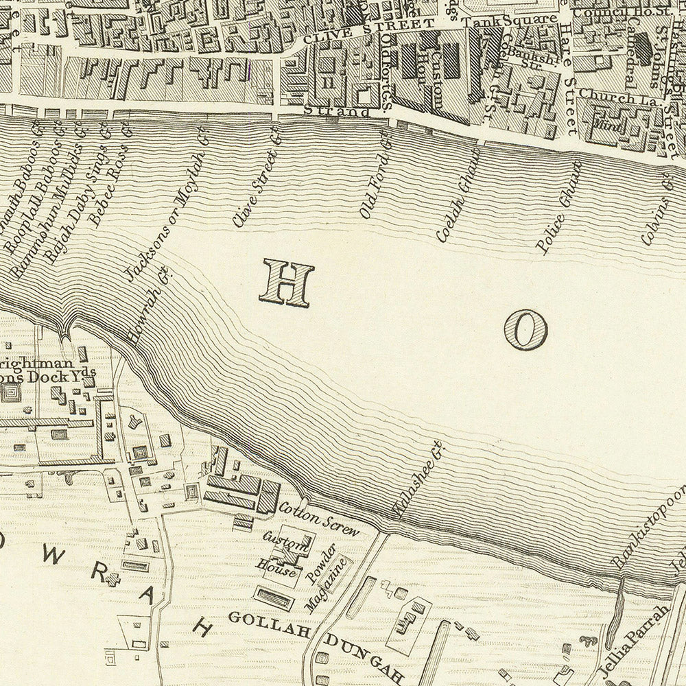 Alte Karte von Kalkutta, 1840: Fort William, Regierungsgebäude, Esplanade Row, Maidan, Howrah Bridge
