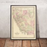 Ancienne carte de la Californie et du Nevada par JH Colton, 1875 : San Francisco, Sacramento, Los Angeles, Carson City et Virginia City