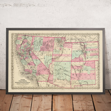 Mappa Antica degli Stati Uniti Occidentali di J.H. Colton, 1871: San Francisco, Salt Lake City, Denver, Tucson e Santa Fe 