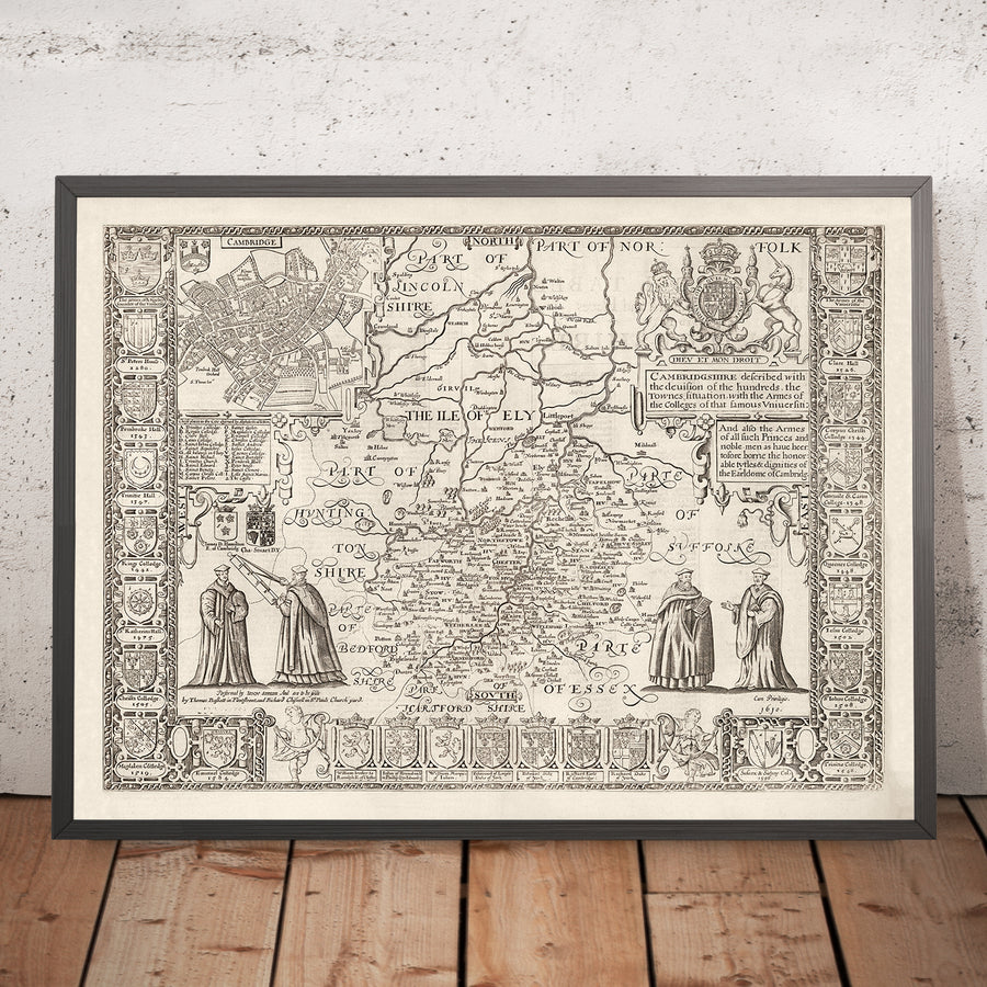 Ancienne carte de CambridgeShire, 1611 par John Speed ​​- Cambridge, Peterborough, Wisbech