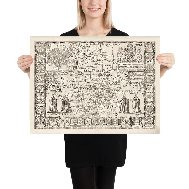 Ancienne carte de CambridgeShire, 1611 par John Speed ​​- Cambridge, Peterborough, Wisbech
