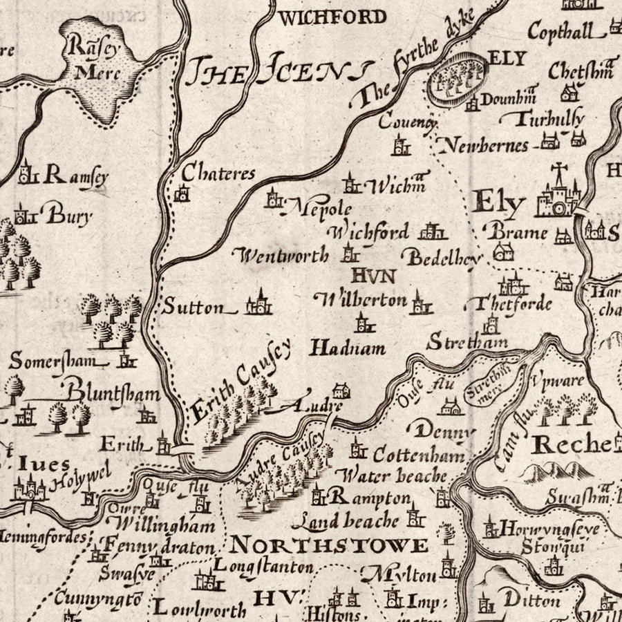 Ancienne carte de CambridgeShire, 1611 par John Speed ​​- Cambridge, Peterborough, Wisbech