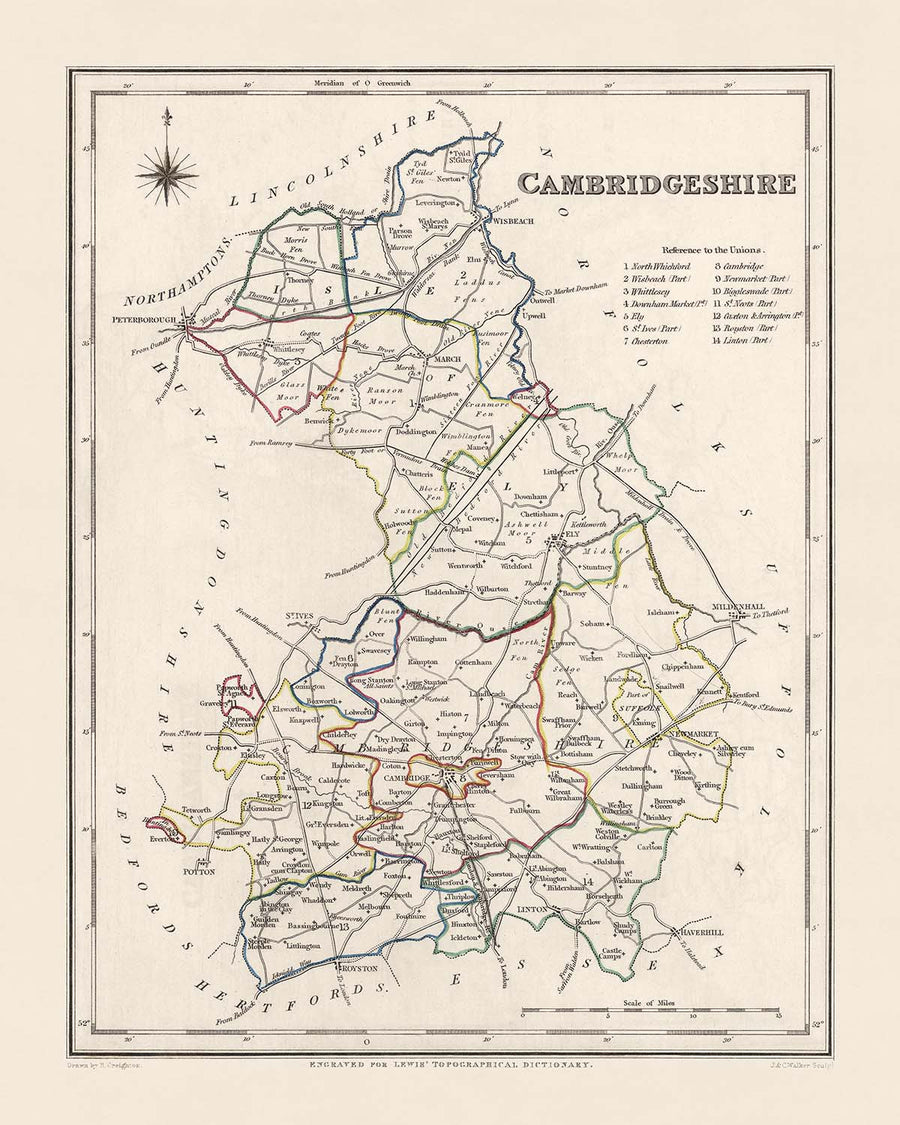Alte Karte von Cambridgeshire von Samuel Lewis, 1844: Ely, Wisbech, Huntingdon, St Ives und March 