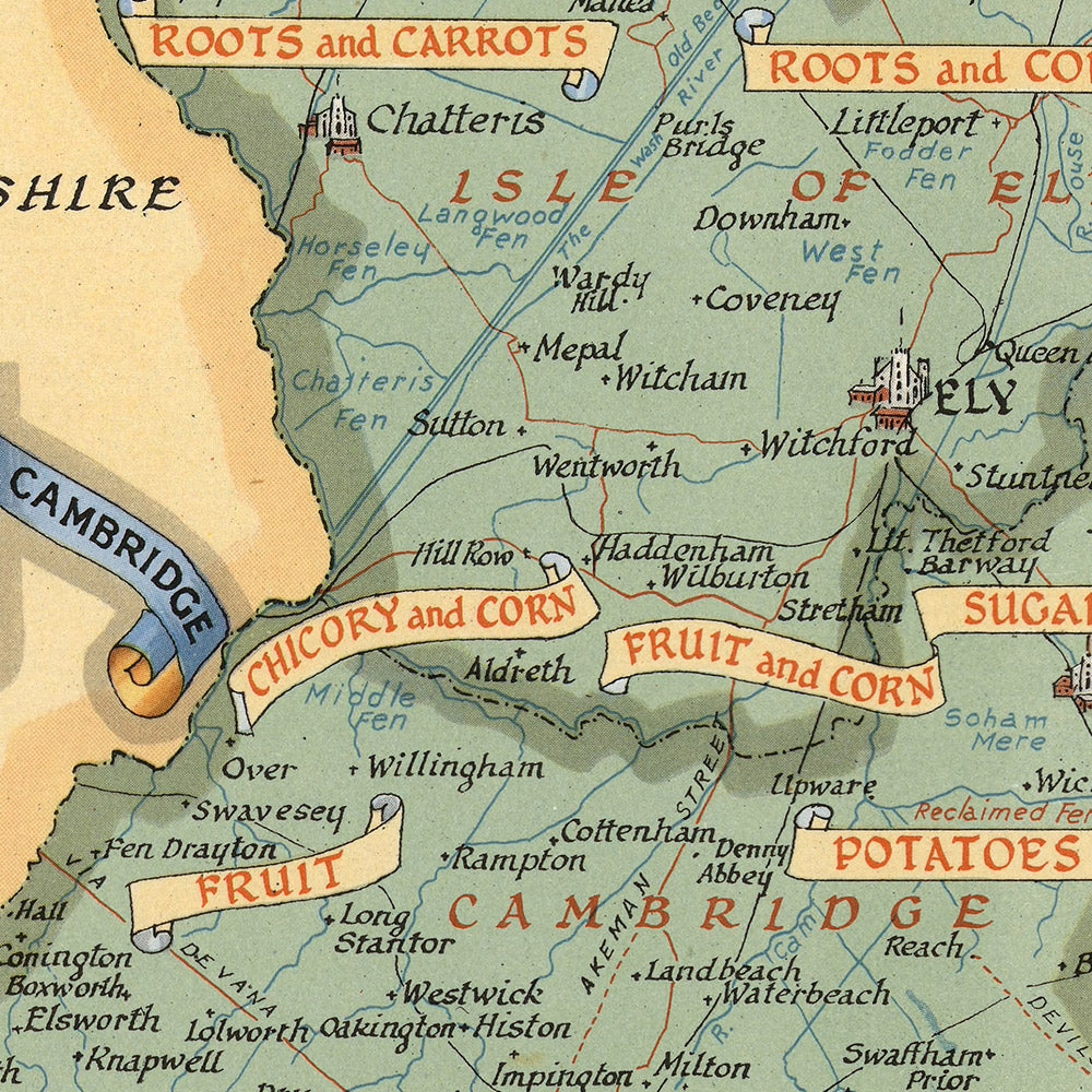 Alte Bildkarte von Cambridgeshire von Clegg, 1947: Cambridge, Ely, Zweiter Weltkrieg, King's College, Bischofssitz von Ely