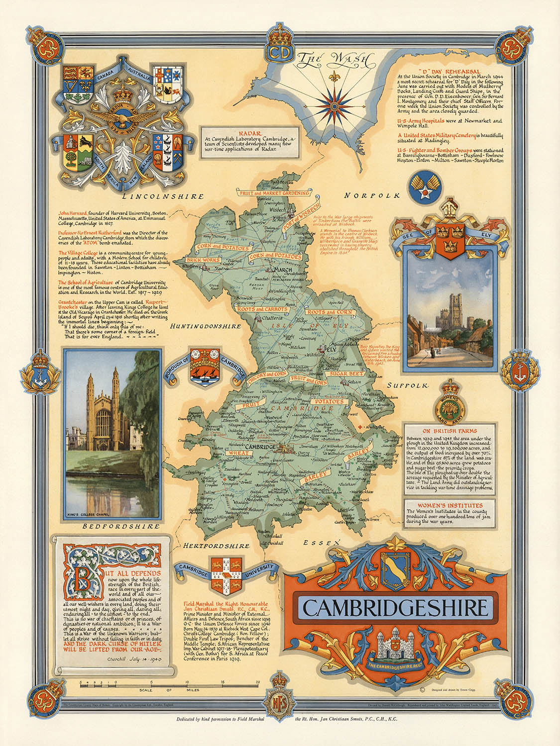 Ancienne carte illustrée du Cambridgeshire par Clegg, 1947 : Cambridge, Ely, Seconde Guerre mondiale, King's College, siège d'Ely