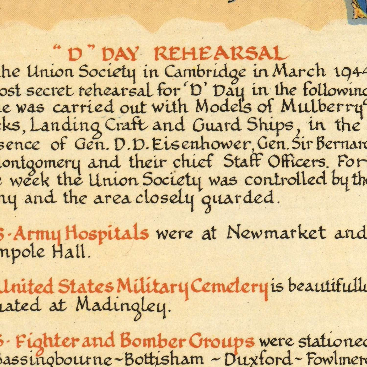 Mapa ilustrado antiguo de Cambridgeshire, realizado por Clegg, 1947: Cambridge, Ely, Segunda Guerra Mundial, King's College, See of Ely