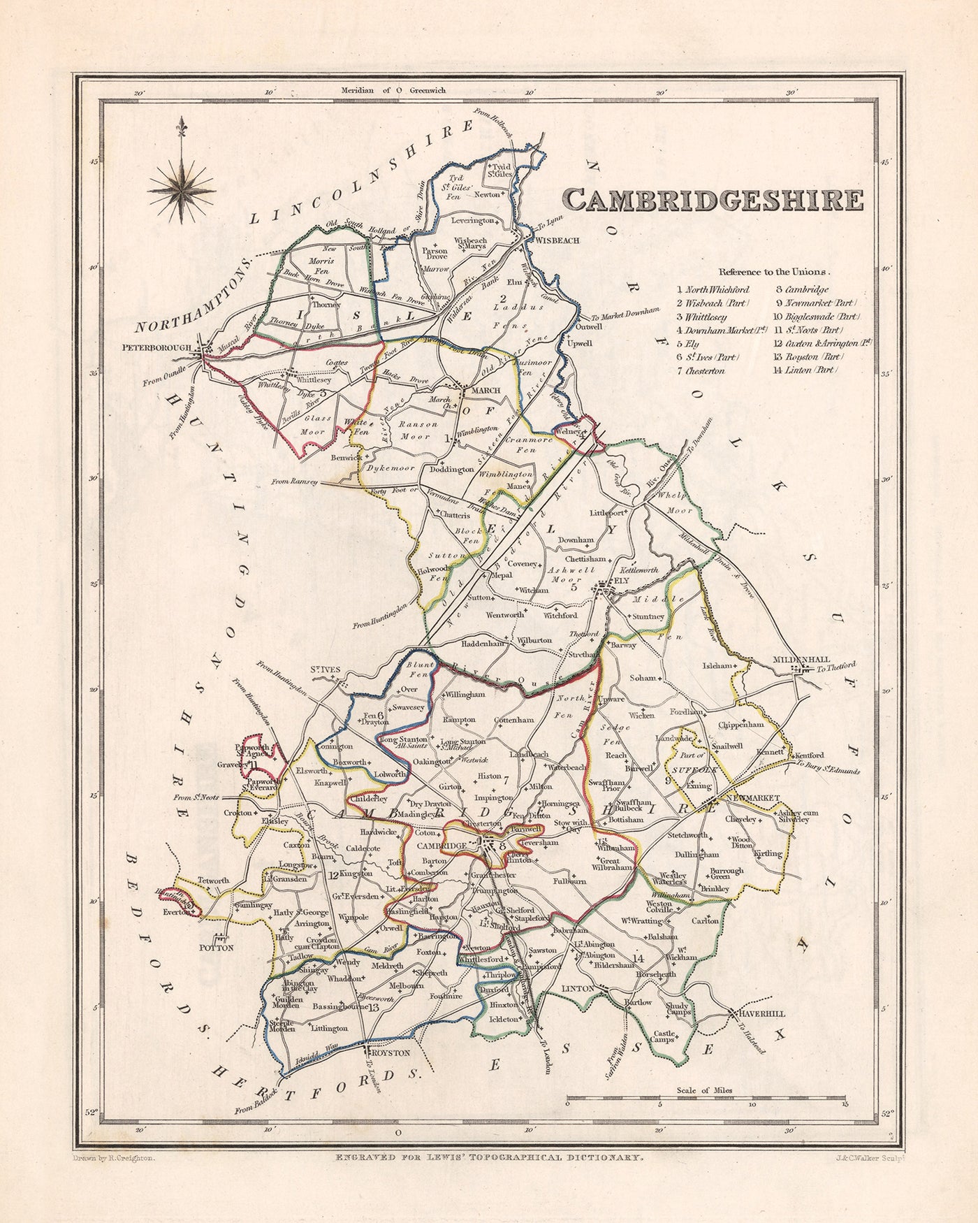 Ancienne carte du Cambridgeshire par Samuel Lewis, 1844 : Ely, Wisbech, Huntingdon, St Ives et March