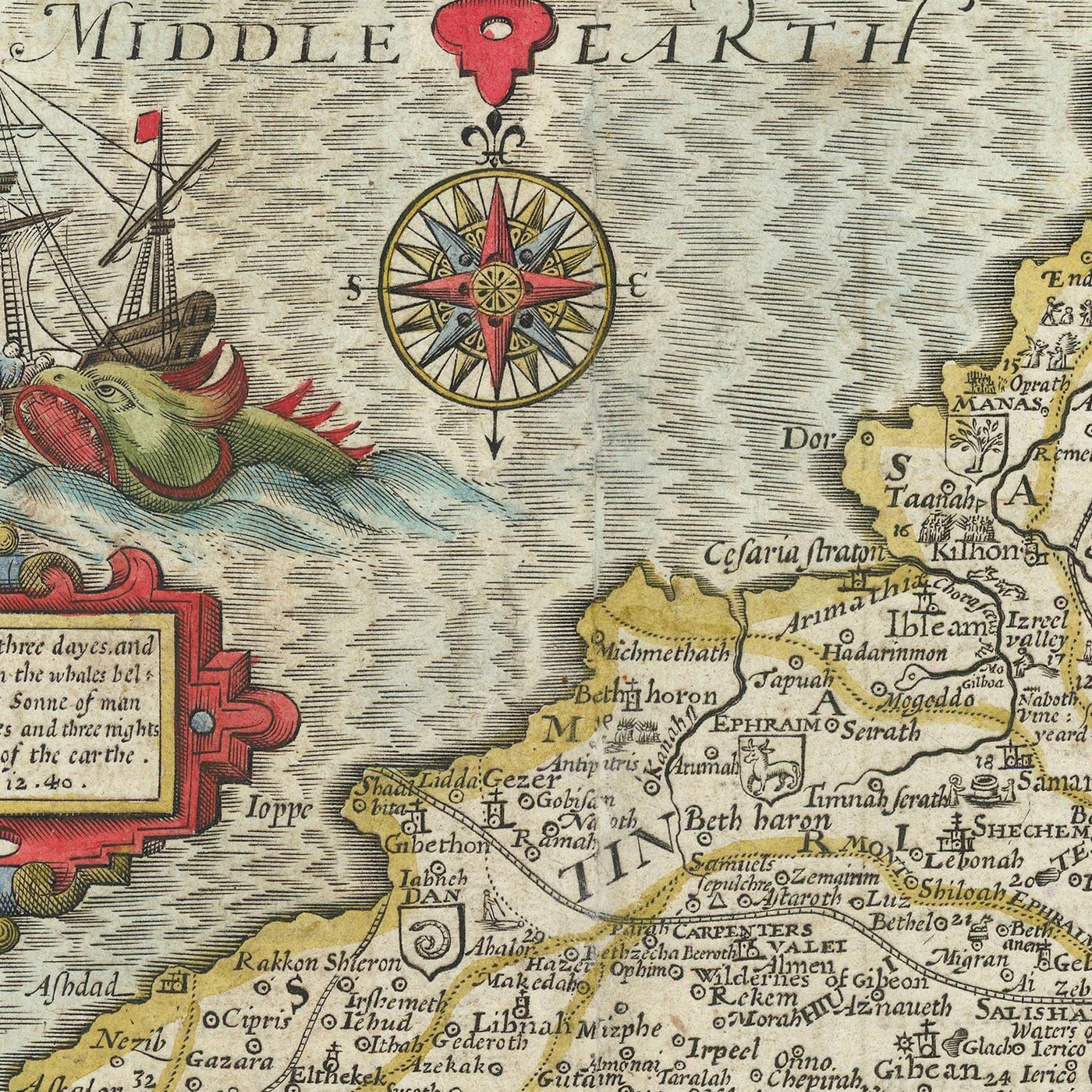 Antiguo mapa de Canaán (Tierra Santa) de John Speed, 1611: Jerusalén, Belén, Nazaret, Samaria, Jericó