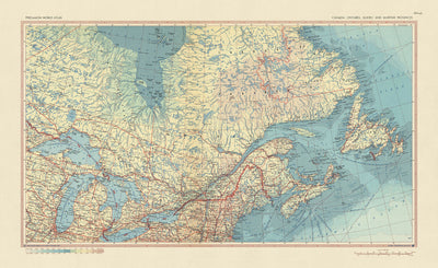 Ancienne carte du Canada par le Service topographique de l'armée polonaise, 1967 : Ontario, Québec, provinces maritimes, style politique et physique détaillé, époque historique des années 1960