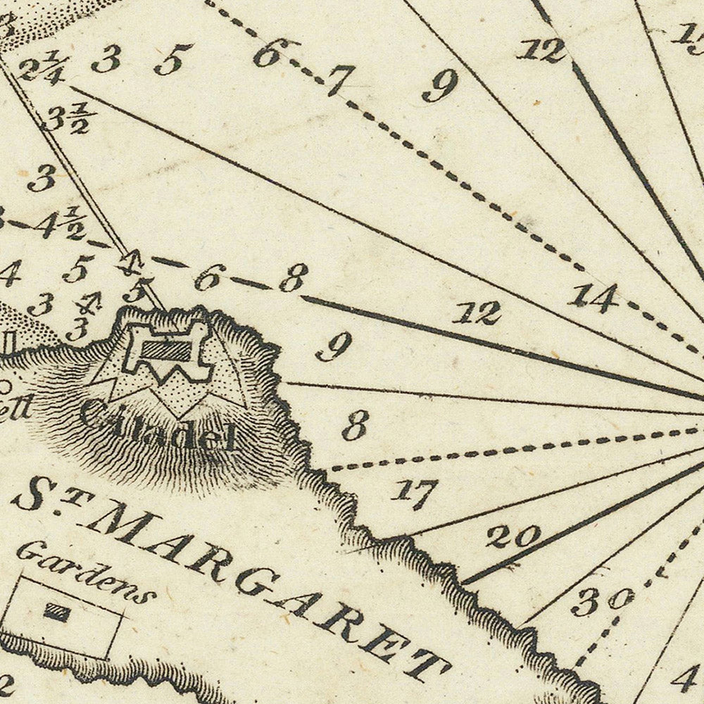 Ancienne carte marine de Cannes et des îles de Lérins par Heather, 1802 : Forts, Monastère, Passages