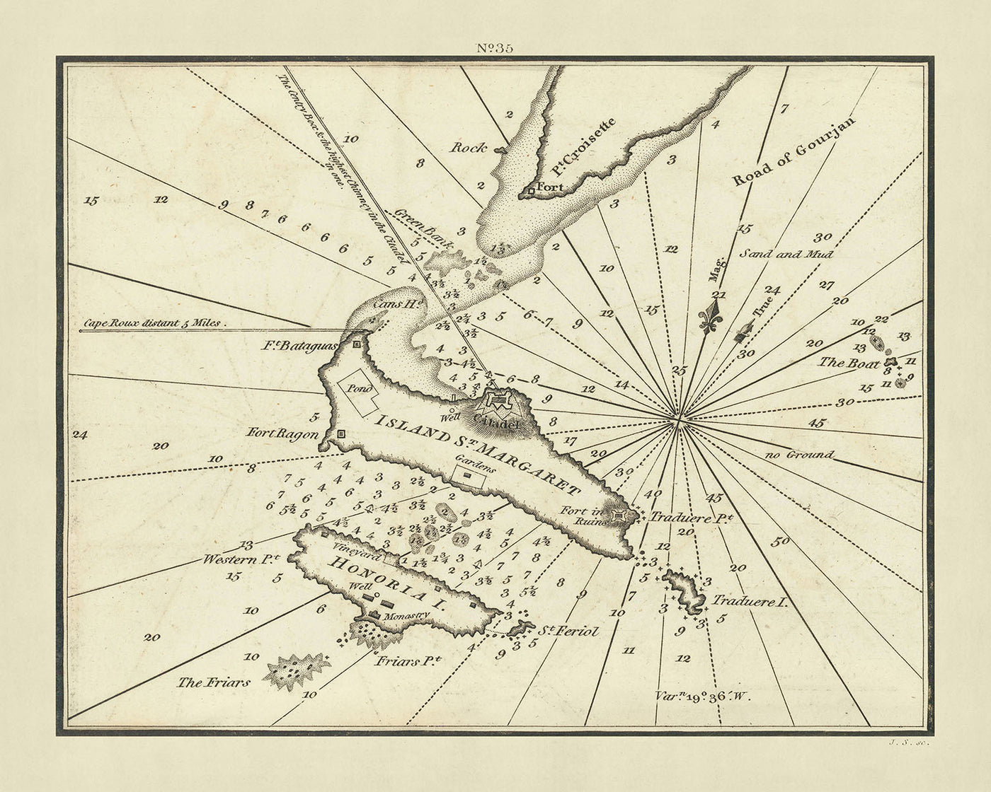 Antigua carta náutica de las islas Cannes y Lérins de Heather, 1802: fuertes, monasterio, pasajes