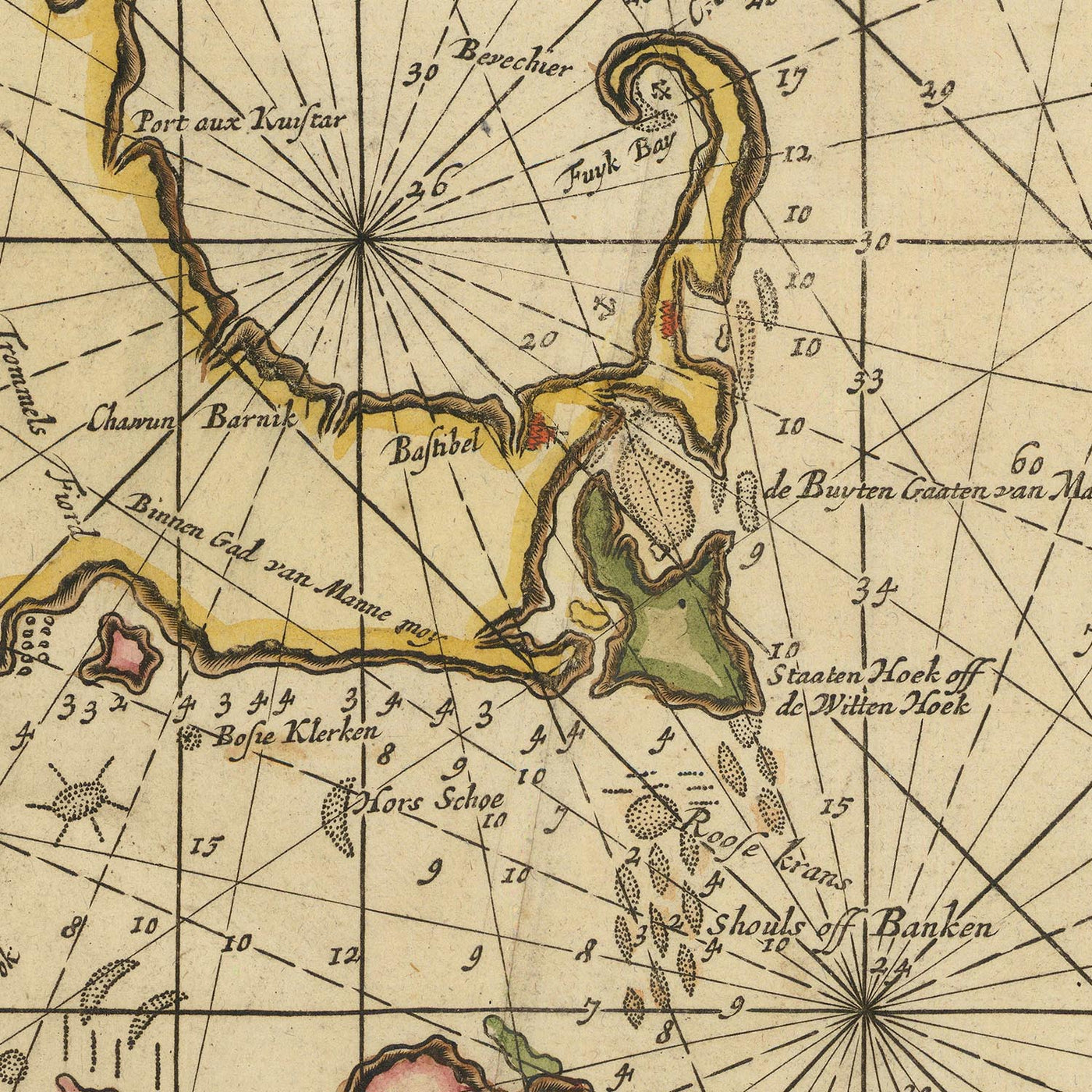 Old New England Nautical Chart by van Keulen, 1695: Cape Cod, Nantucket, Acadia (Nova Scotia)