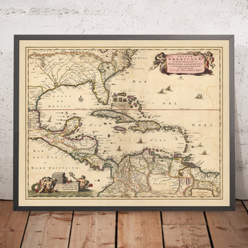 Alte Karte der Karibik, Florida & Mittelamerika von Visscher, 1690: Louisiana, Texas, Georgia, Yucatán, Bermudadreieck 