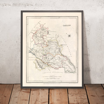 Alte Karte des County Carlow von Samuel Lewis, 1844: Tullow, Hacketstown, Leighlinbridge, Rathvilly, Myshall 