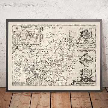 Vecchia mappa monocromatica di Carmarthenshire Galles, 1611 di John Speed - Carmarthen, Llanelli, Llandovery, Ammanford 