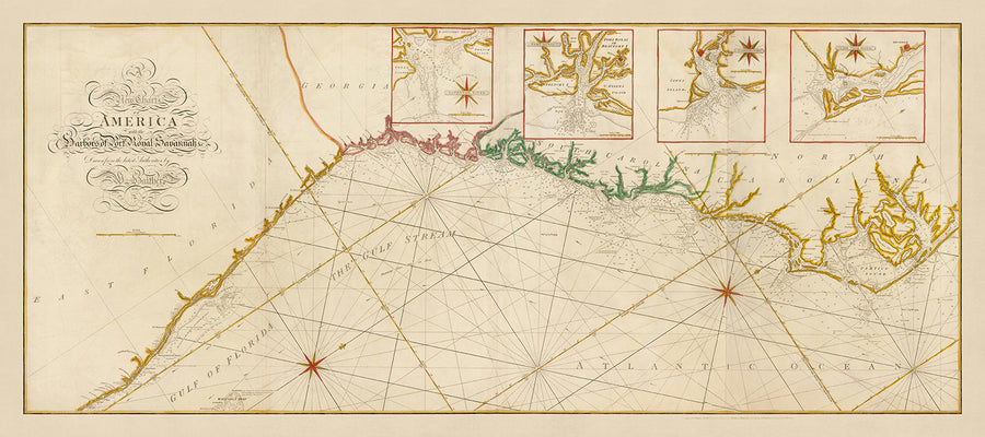 Ancien tableau côtier des Carolines, de la Géorgie et de la Floride orientale par Heather, 1799 : Savannah, Charleston, Gulf Stream 