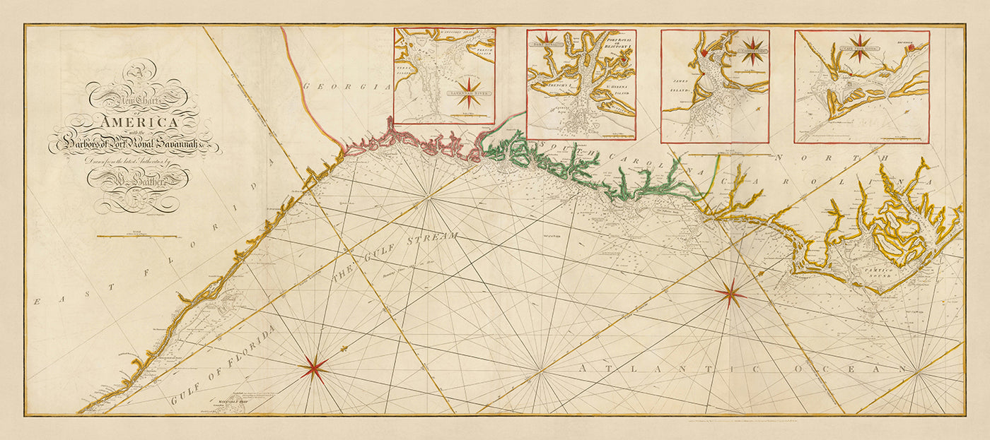 Alte Seekarte der Küstenregionen von Carolina, Georgia und Ostflorida von Heather, 1799: Savannah, Charleston, Golfstrom