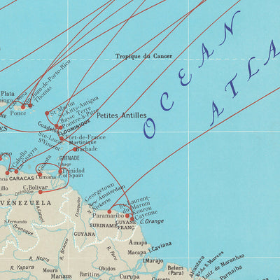 Mapa antiguo de la Compagnie Générale Transatlantique de Blondel La Rougery, 1970: rutas marítimas, transatlánticos, escenas culturales