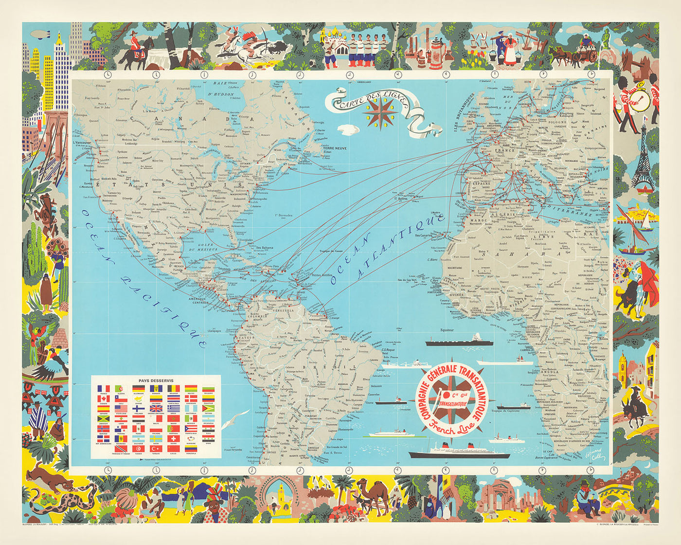 Old Map of Compagnie Generale Transatlantique by Blondel La Rougery, 1970: Shipping Routes, Liners