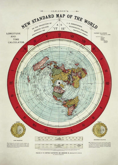 Old Flat Earth World Map, 1892, by Alexander Gleason - Rare Patented Polar Azimuthal Projection