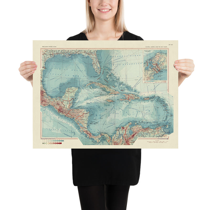Planche Ancienne – Carte Amérique Centrale Et Antilles, Extraite D'un Livre De 1967