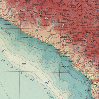 Ancienne carte des Andes centrales, 1967 : Andes centrales, îles Galapagos, Lima, représentation politique et physique détaillée, Pérou