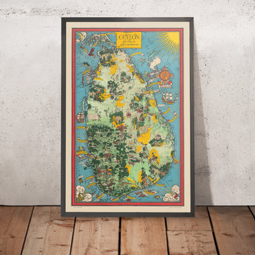 Mappa Pittorica Antica di Ceylon (Sri Lanka) di Gill, 1933: Elefanti, Tè, Colombo, Picco di Adamo, Scene della Giungla 