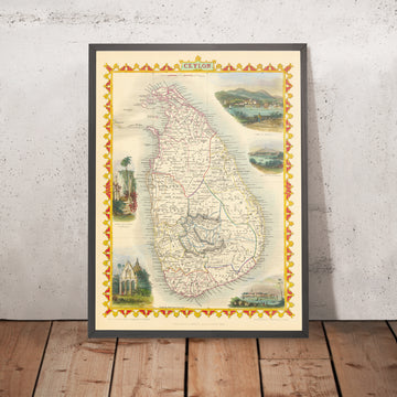 Antica mappa dello Sri Lanka di Tallis & Rapkin, 1851: Ceylon, Colombo, Kandy, Tempio del Buddha, Rovine di Dagora 