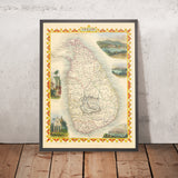 Alte Karte von Sri Lanka von Tallis & Rapkin, 1851: Ceylon, Colombo, Kandy, Tempel des Buddha, Ruinen von Dagora 
