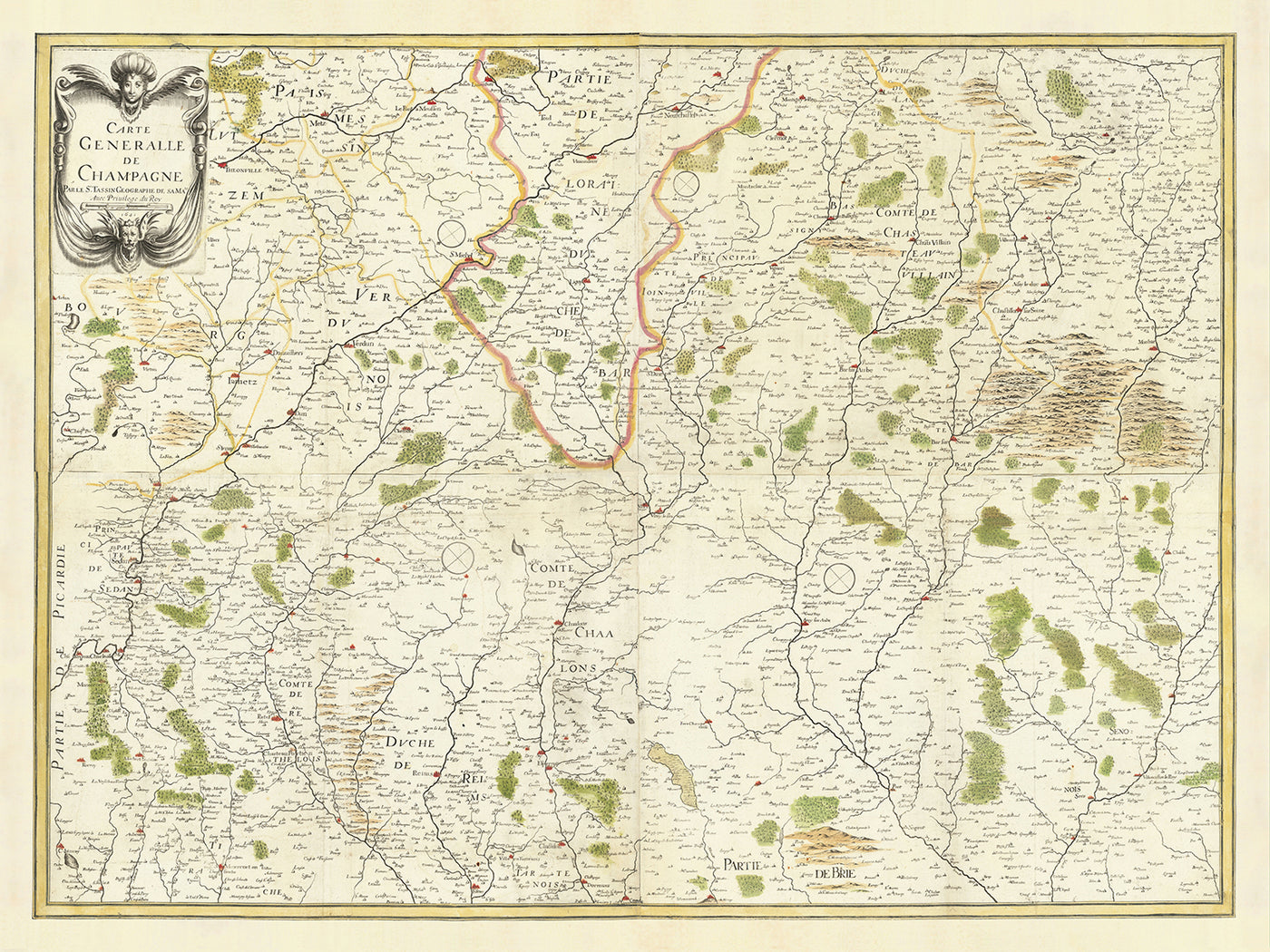 Mapa antiguo de la región de Champaña, Francia por Christopher Tassin, 1641: Reims, Épernay, Troyes, Châlons-en-Champagne, Vitry-le-François