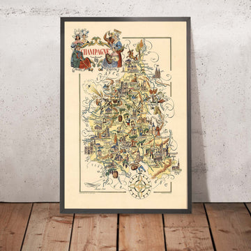 Vecchia Mappa Pittorica della Champagne di Liozu, 1951: Reims, Troyes, Fiume Marna, Foresta delle Ardenne, Foresta dell&