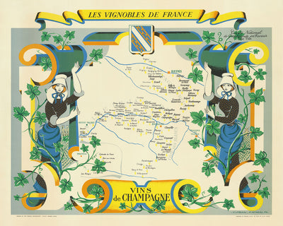 Old Wine Map of Champagne Region by Hetreau, 1954: Reims, Troyes, Epernay, Marne River, Vineyards