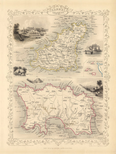 Mapa antiguo de las Islas del Canal (Jersey y Guernsey) de Tallis & Rapkin 1851: St Helier, St Peter Port, Gorey, Castle Cornet, Elizabeth Castle