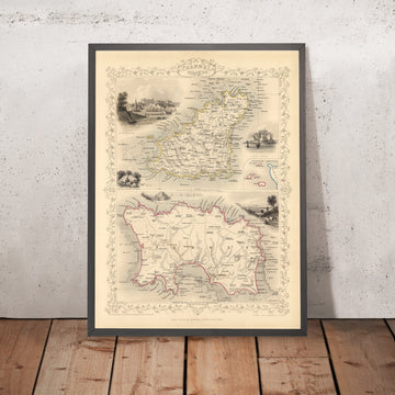 Alte Karte der Kanalinseln (Jersey und Guernsey) von Tallis & Rapkin 1851: St. Helier, St. Peter Port, Gorey, Castle Cornet, Elizabeth Castle 