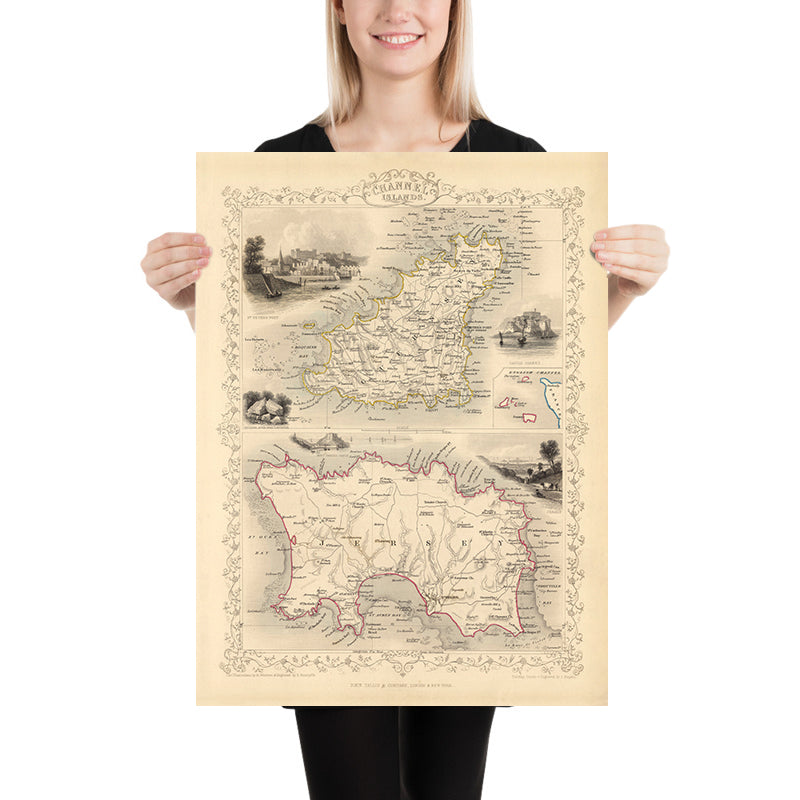 Ancienne carte des îles Anglo-Normandes (Jersey et Guernesey) par Tallis & Rapkin 1851 : St Helier, St Peter Port, Gorey, Castle Cornet, Elizabeth Castle