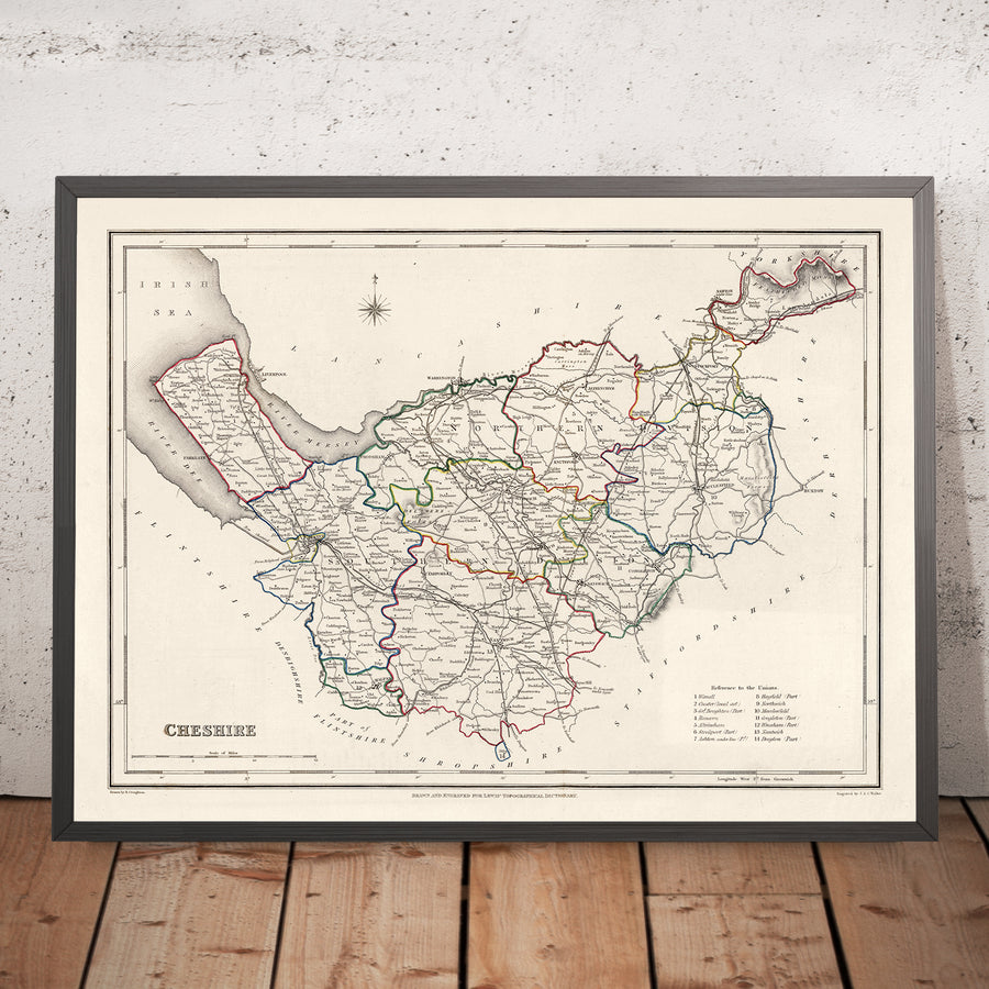 Old Map of Cheshire by Samuel Lewis, 1844: Warrington, Stockport, Chester, Macclesfield, and Crewe