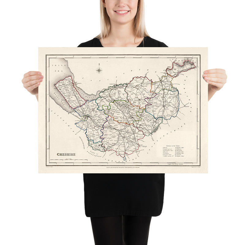 Old Map of Cheshire by Samuel Lewis, 1844: Warrington, Stockport, Chester, Macclesfield, and Crewe