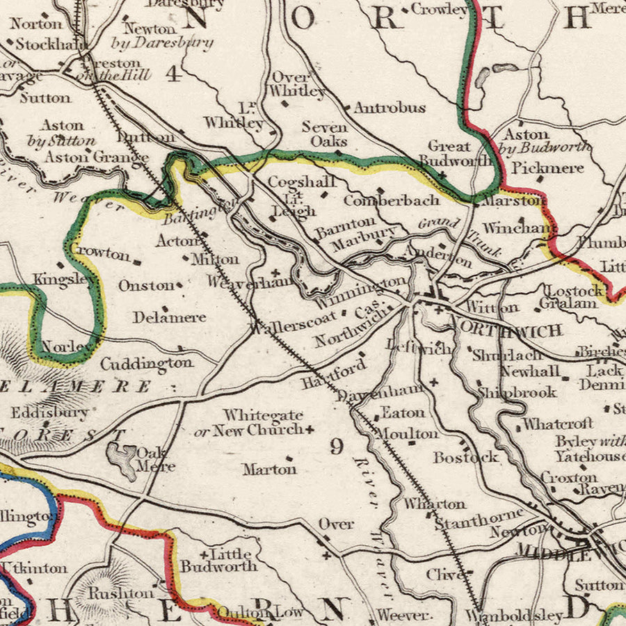 Old Map of Cheshire by Samuel Lewis, 1844: Warrington, Stockport, Chester, Macclesfield, and Crewe