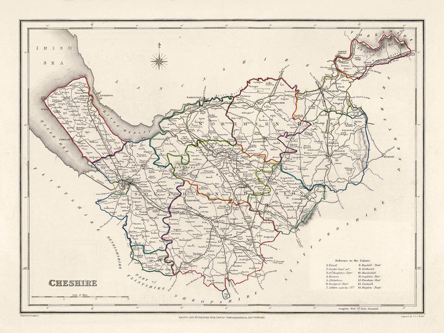Old Map of Cheshire by Samuel Lewis, 1844: Warrington, Stockport, Chester, Macclesfield, and Crewe