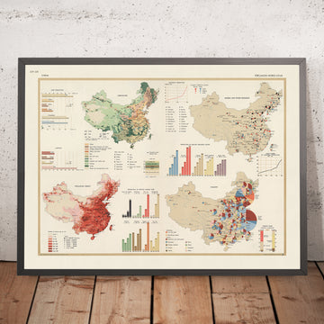 Mappa infografica antica della Cina, 1967: Agricoltura, Industria e Commercio 
